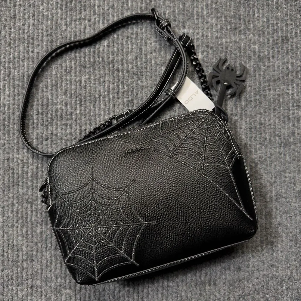 Aldo Black Silver Spider Web Purse Crossbody Bag Spider Charm Halloween Goth NEW